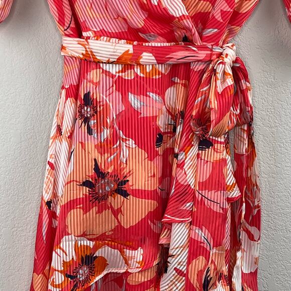 Tahari ASL Ruffle Hem Tie Waist V-Neck Short Sleeve Pink Floral Mini Dress 2 NWT - Picture 7 of 16